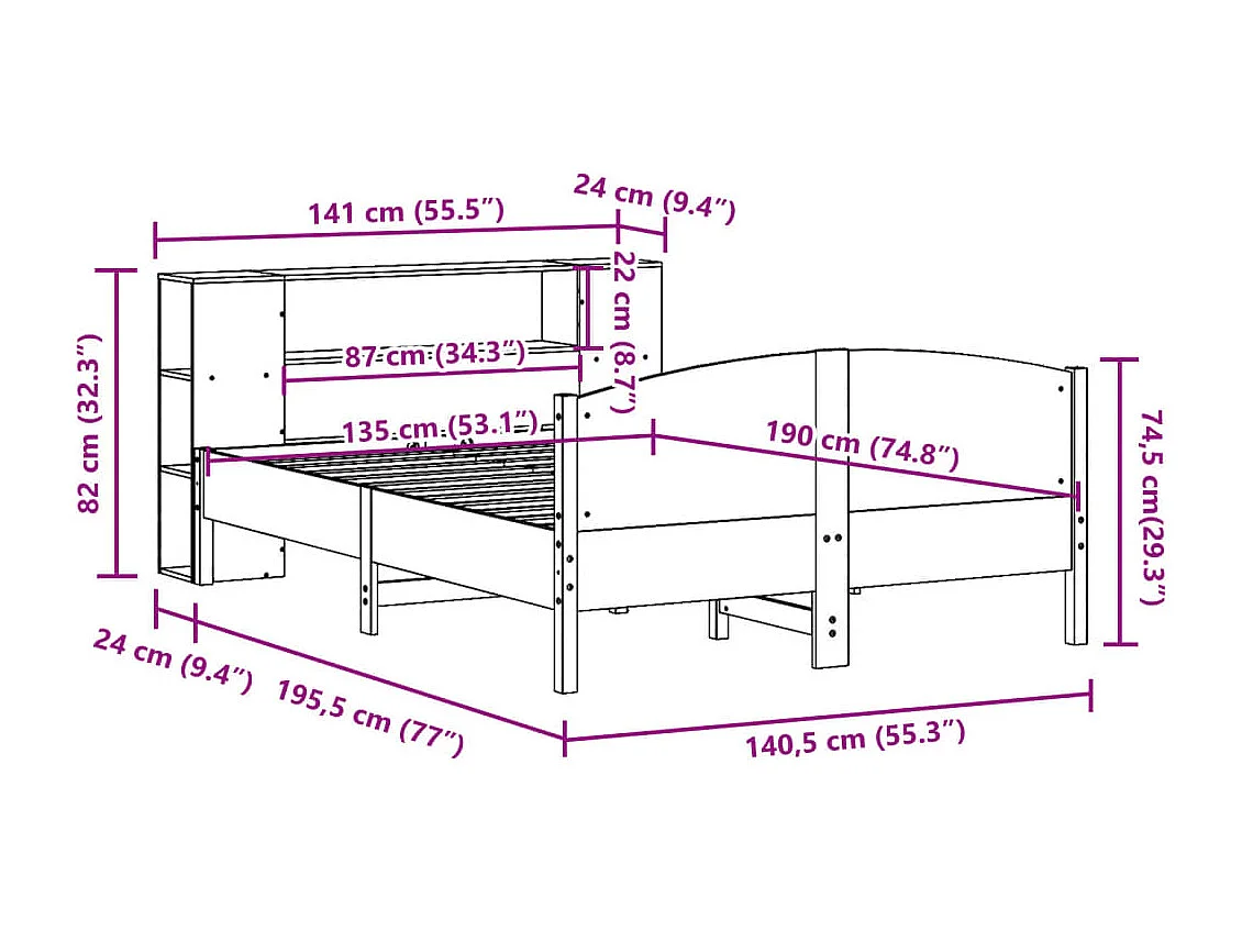 Lit bibliothèque sans matelas cire marron 135x190 cm pin massif