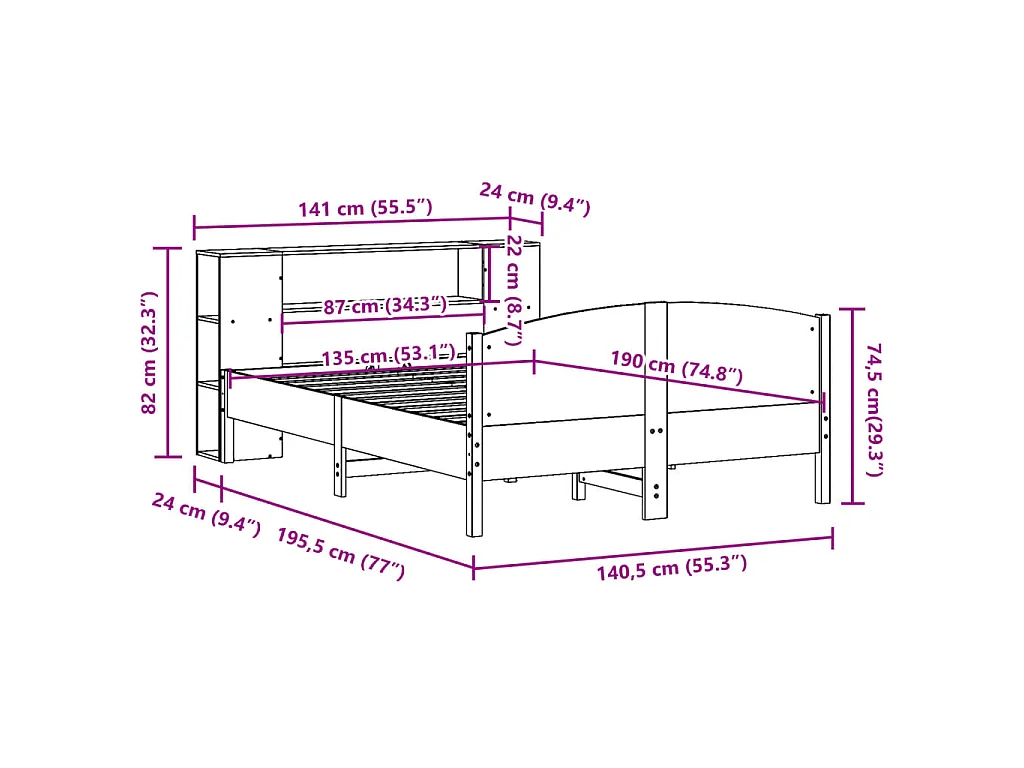 Lit bibliothèque sans matelas cire marron 135x190 cm pin massif
