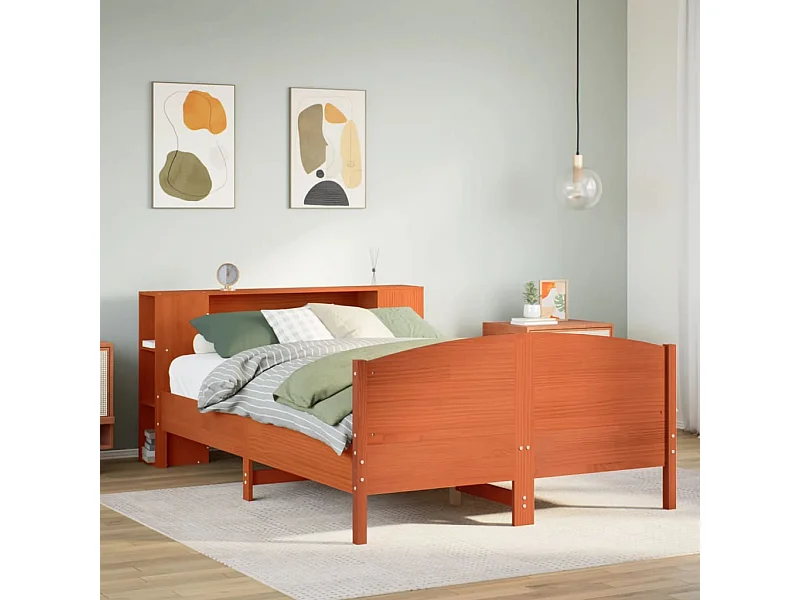 Lit bibliothèque sans matelas cire marron 135x190 cm pin massif