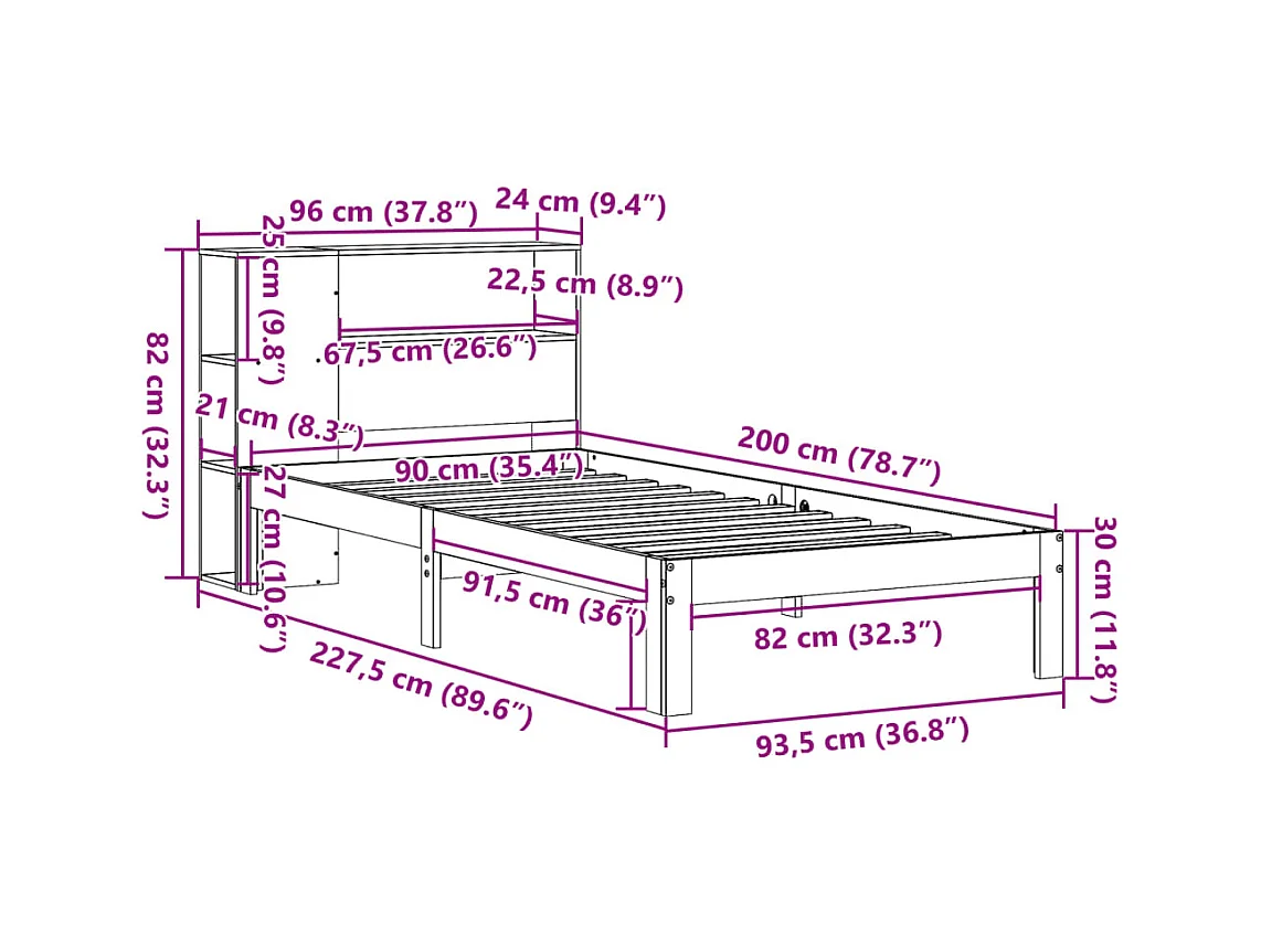 Lit bibliothèque sans matelas 90x200 cm bois de pin massif