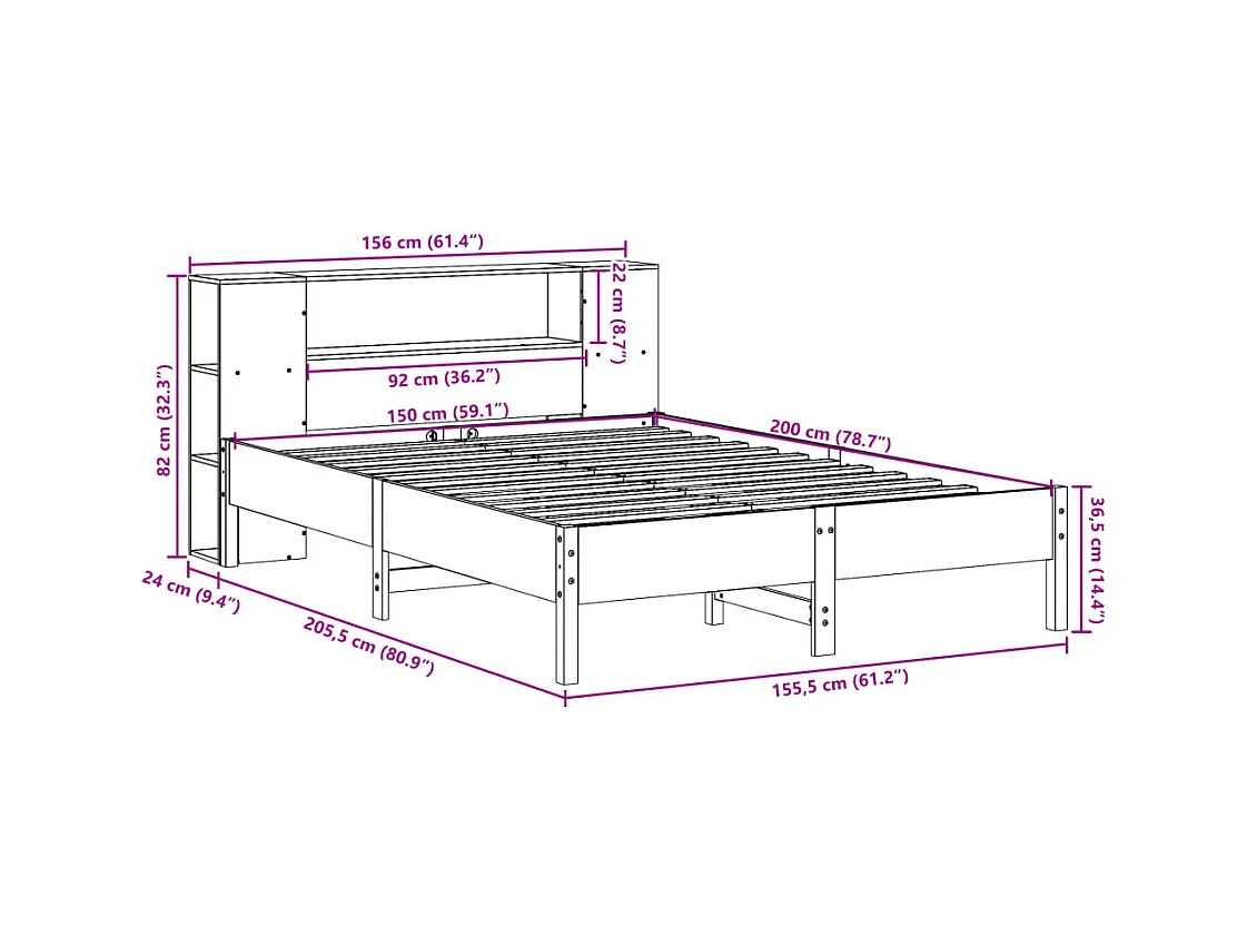 Letto Libreria senza Materasso Marrone Cera 150x200 cm in Pino