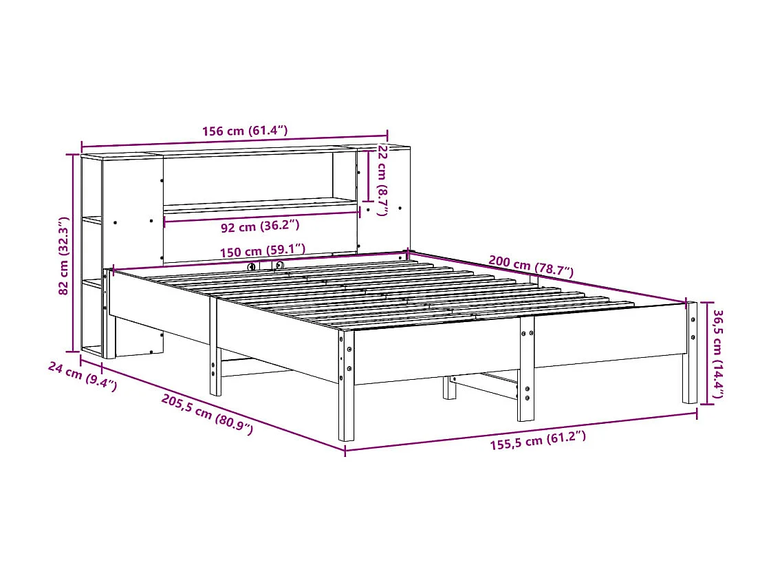 Lit bibliothèque sans matelas cire marron 150x200 cm pin massif