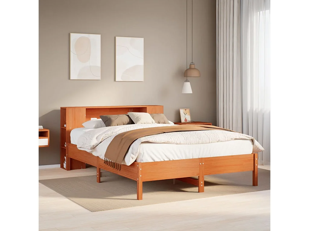 Lit bibliothèque sans matelas cire marron 150x200 cm pin massif