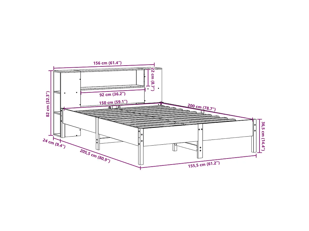 Lit bibliothèque sans matelas cire marron 150x200 cm pin massif