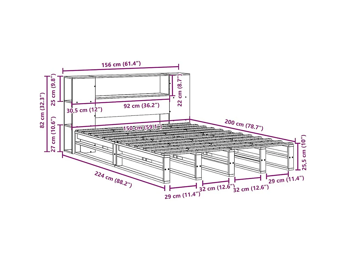 Lit bibliothèque sans matelas cire marron 150x200cm bois massif
