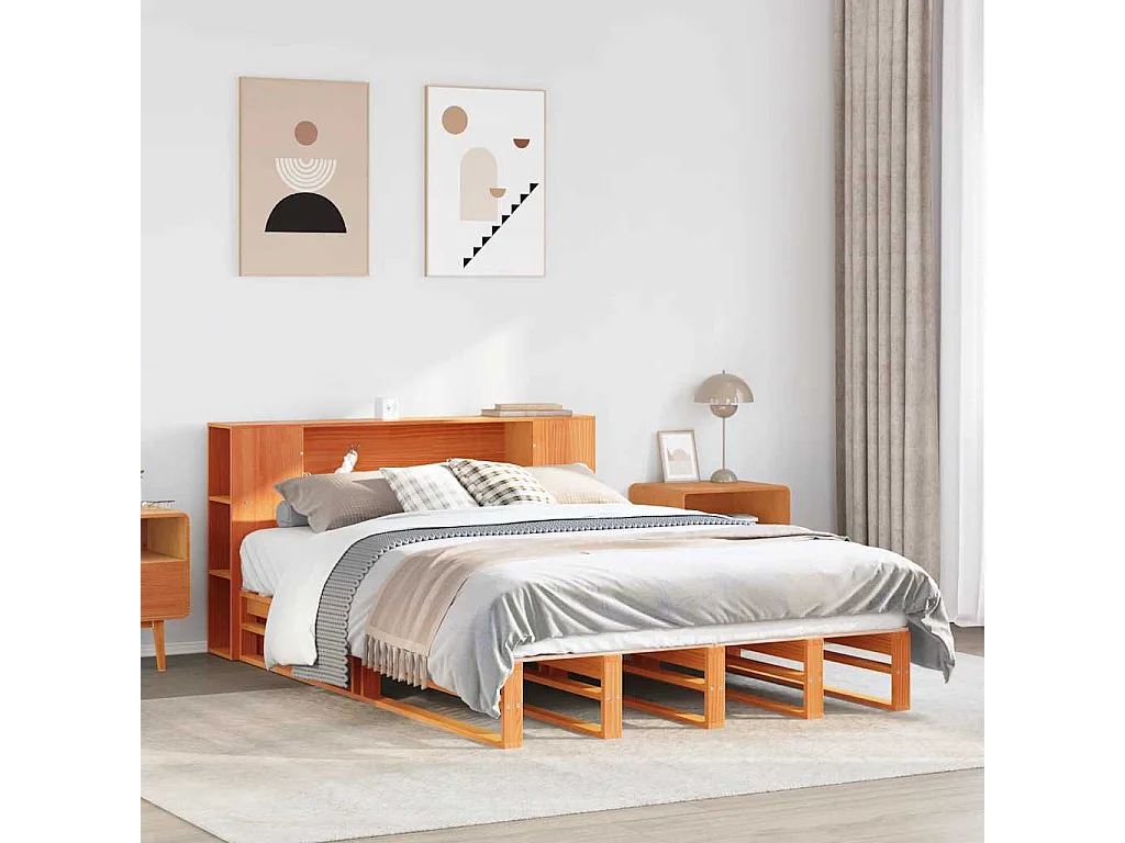 Lit bibliothèque sans matelas cire marron 150x200cm bois massif
