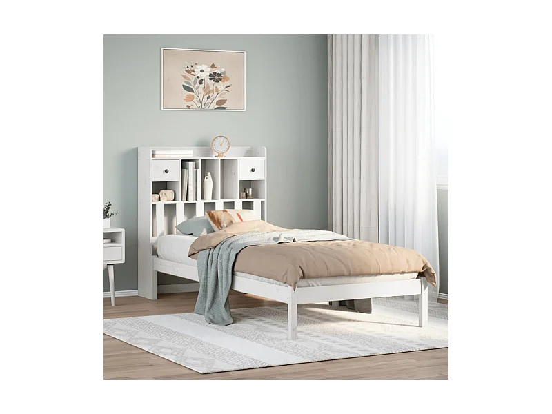 Massivholzbett mit Regal ohne Matratze Weiß 90x190 cm Kiefer