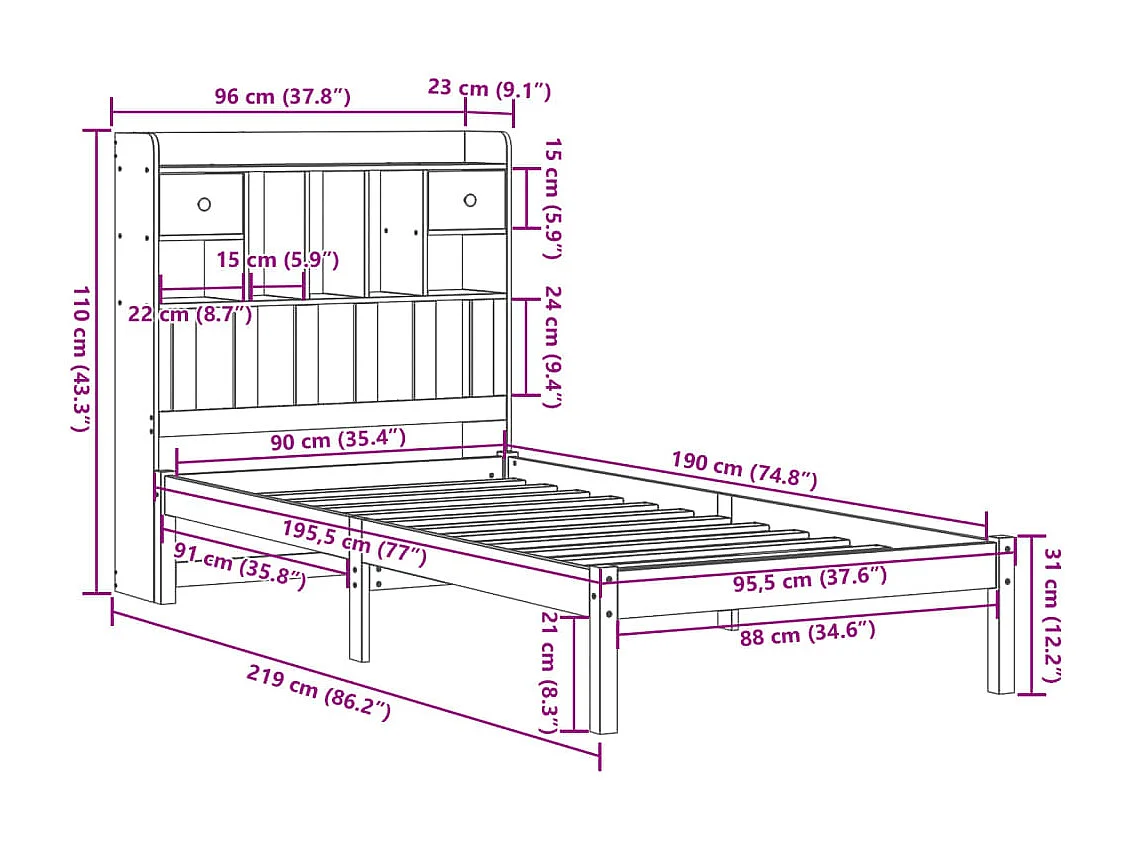 Lit bibliothèque sans matelas blanc 90x190cm bois de pin massif