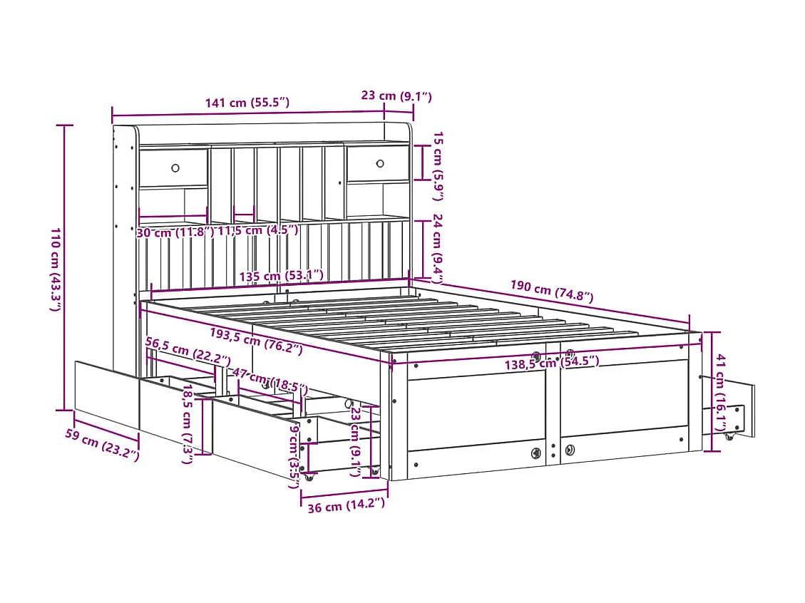 Bed met boekenkast zonder matras massief grenenhout 135x190 cm