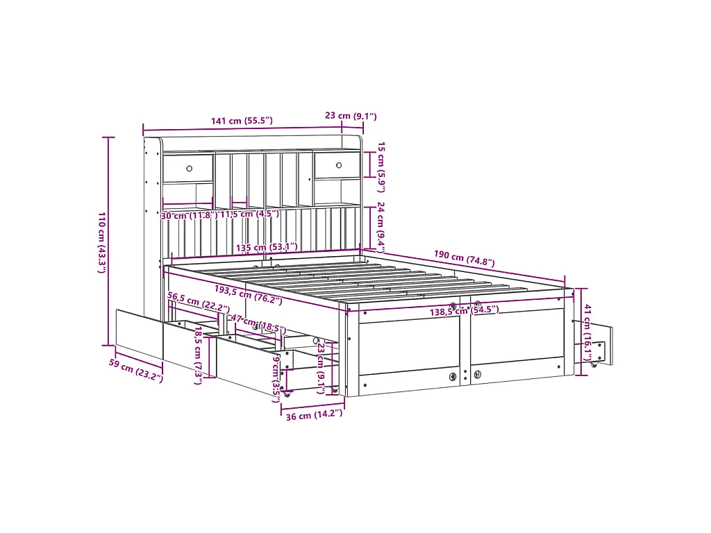 Cama com estante sem colchão 135x190 cm pinho maciço