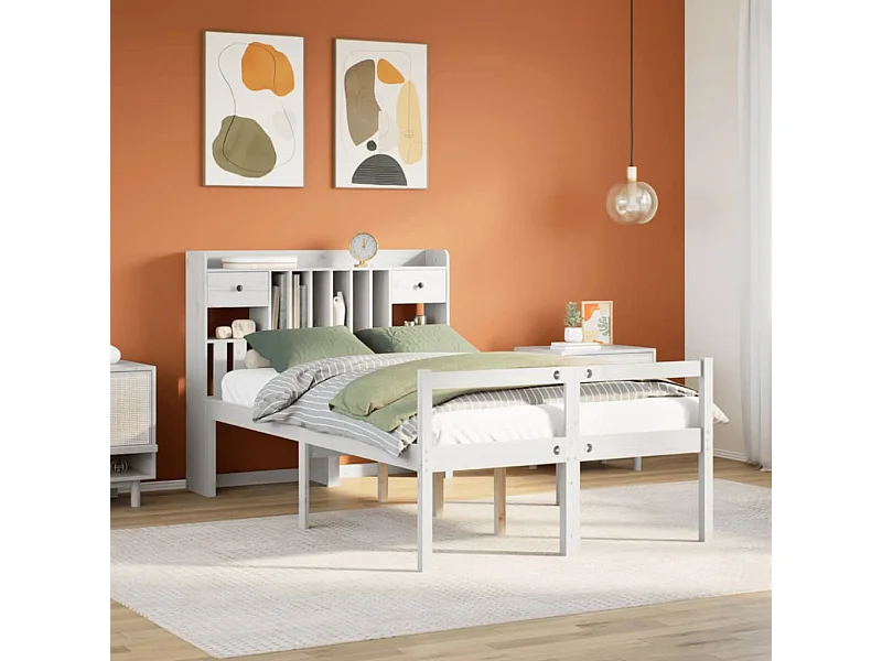 Lit bibliothèque sans matelas blanc 135x190 cm bois pin massif