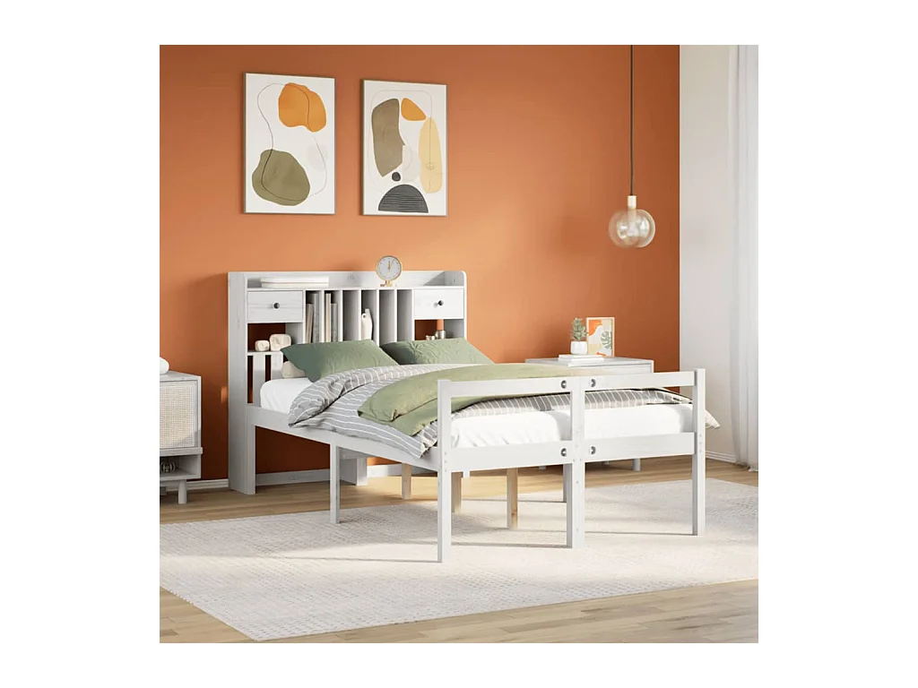 Lit bibliothèque sans matelas blanc 135x190 cm bois pin massif