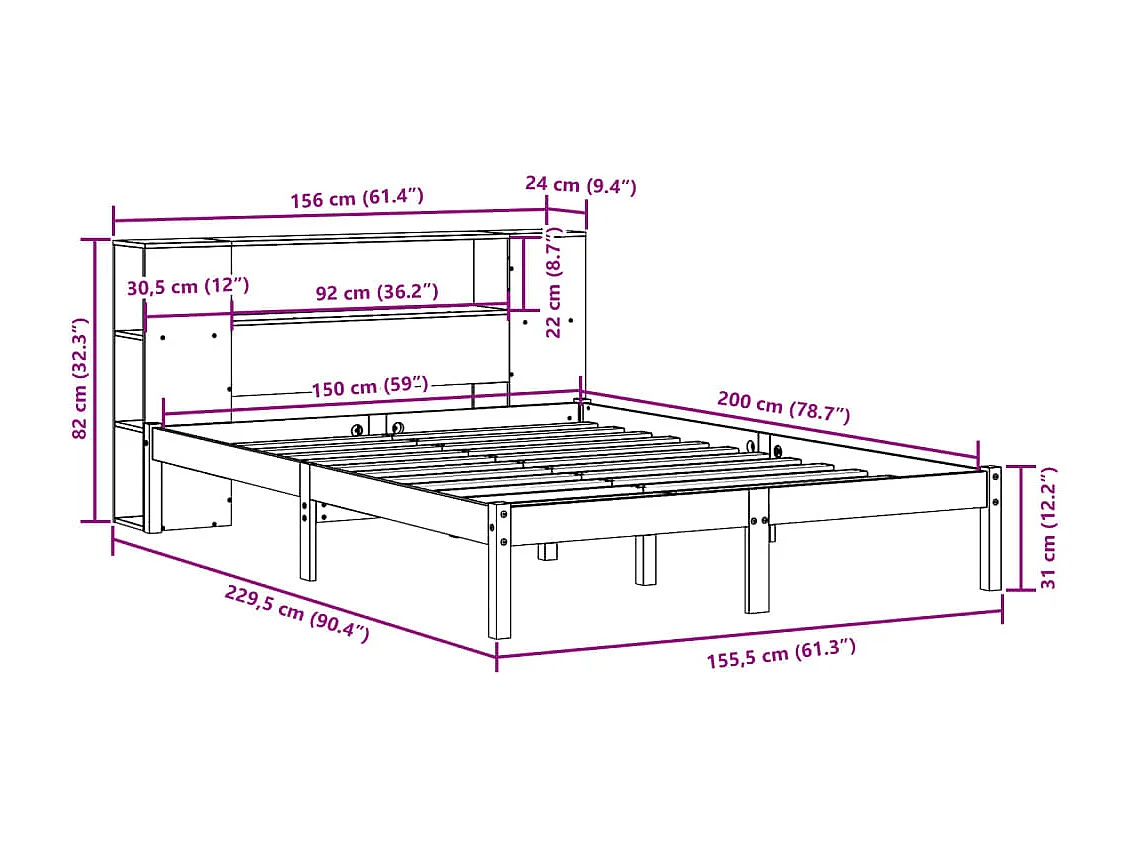 Bed met boekenkast zonder matras grenenhout wasbruin 150x200 cm