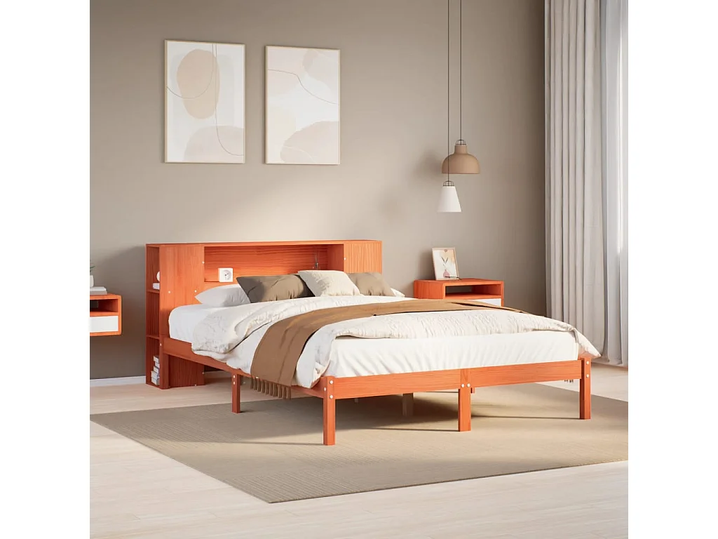 Lit bibliothèque sans matelas cire marron 150x200 cm pin massif