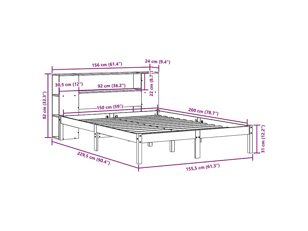 Lit bibliothèque sans matelas cire marron 150x200 cm pin massif