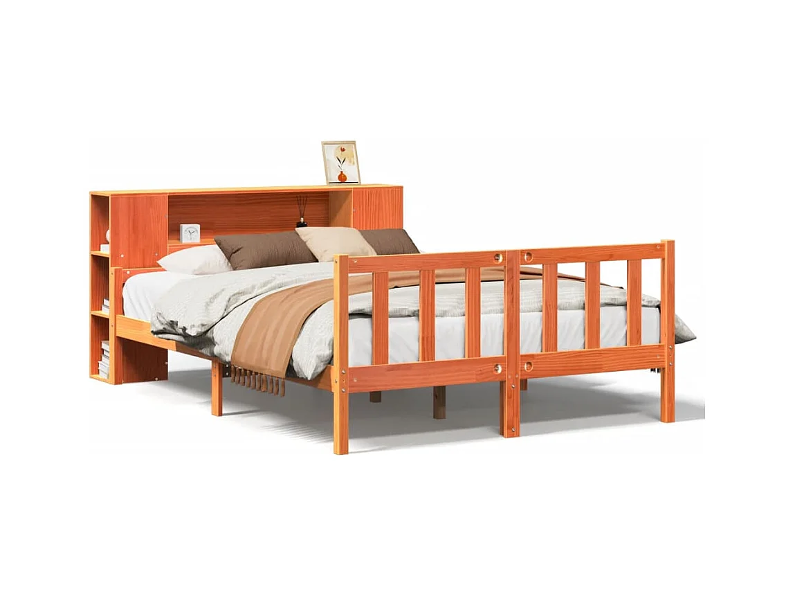 Lit bibliothèque sans matelas cire marron 150x200cm bois massif