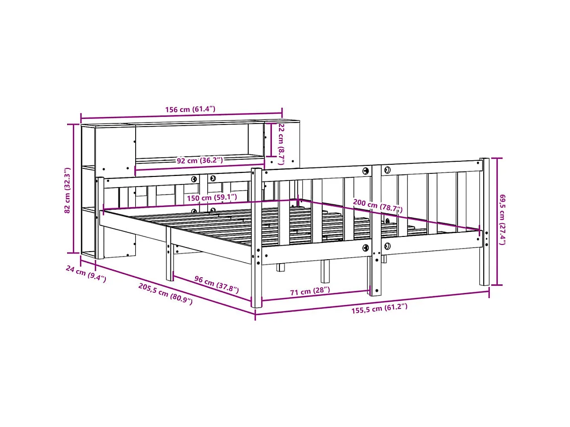 Lit bibliothèque sans matelas cire marron 150x200cm bois massif