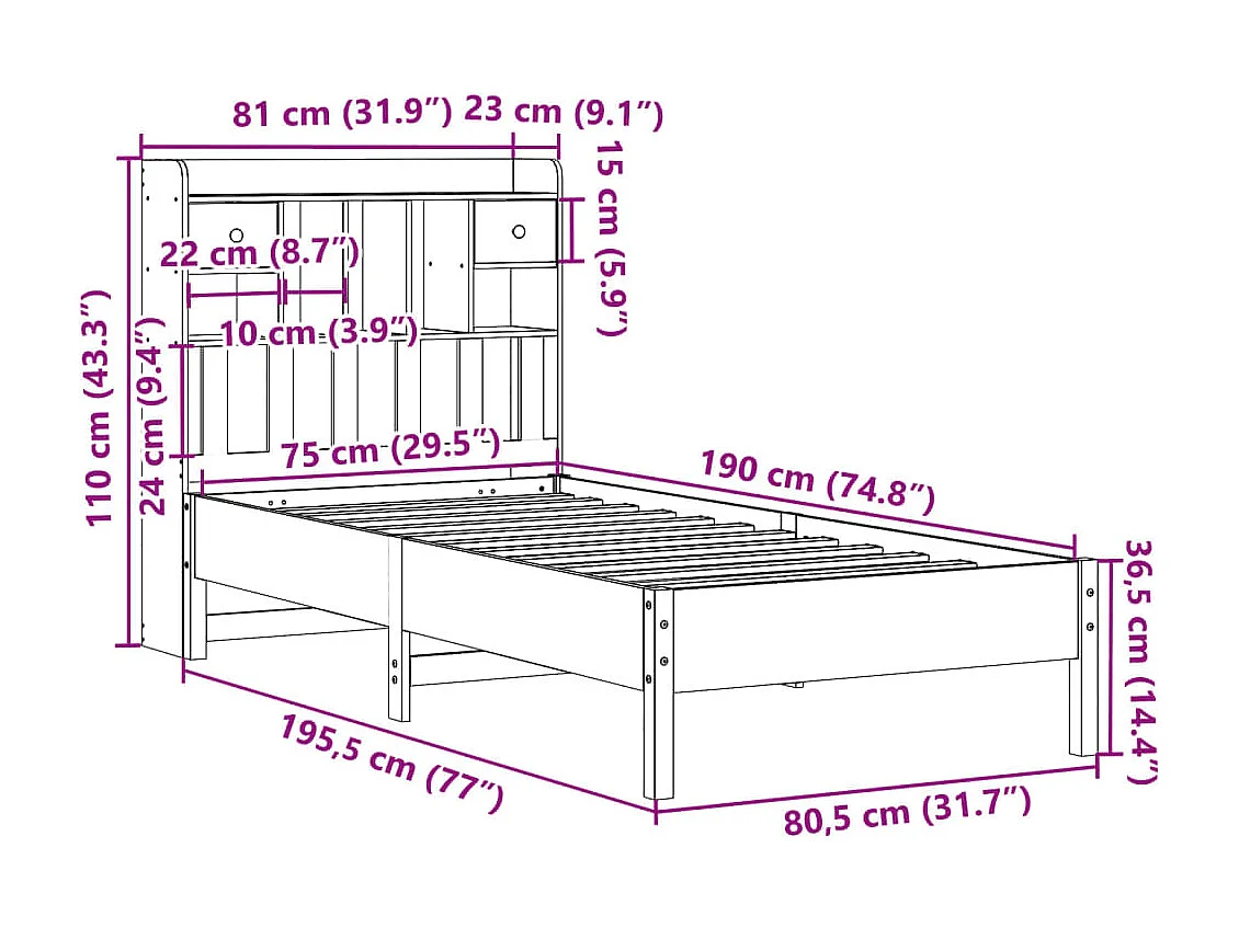 Lit bibliothèque sans matelas blanc 75x190cm bois de pin massif