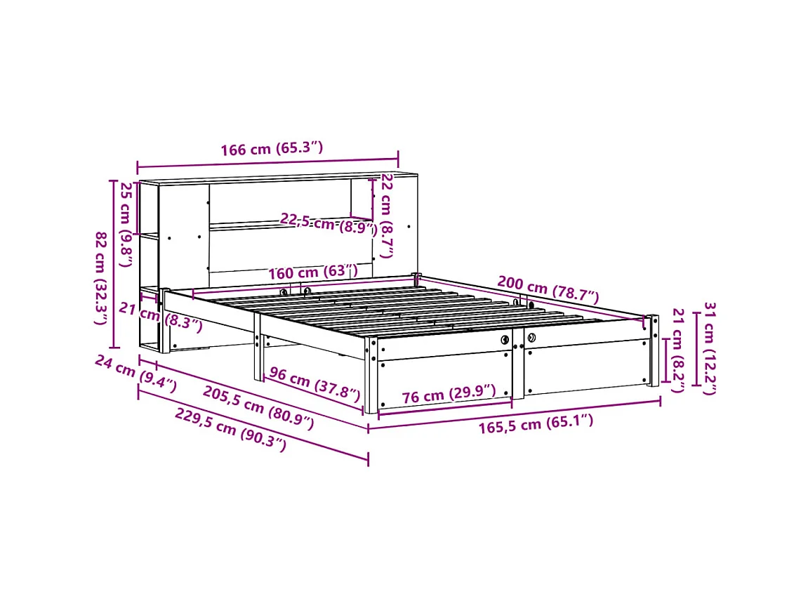 Lit bibliothèque sans matelas blanc 160x200 cm bois pin massif