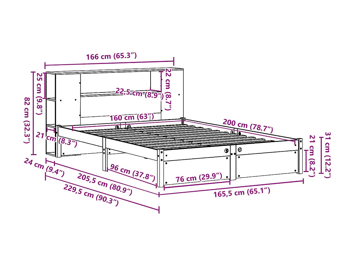 Letto Libreria senza Materasso Bianco 160x200 cm Legno di Pino