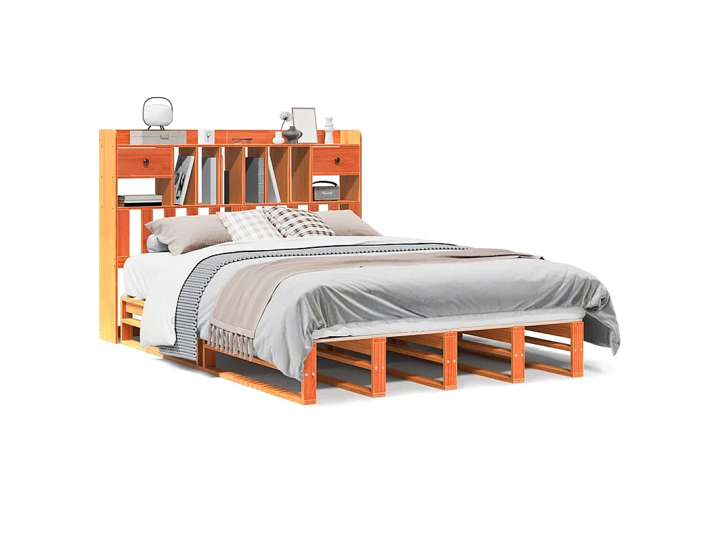 Lit bibliothèque sans matelas cire marron 160x200 cm pin massif
