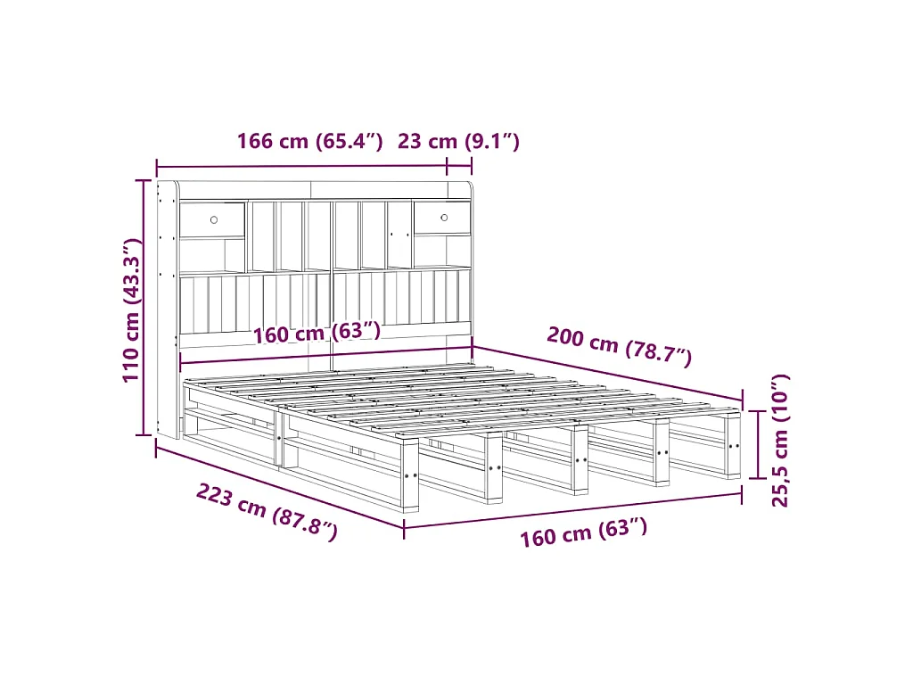 Lit bibliothèque sans matelas cire marron 160x200 cm pin massif