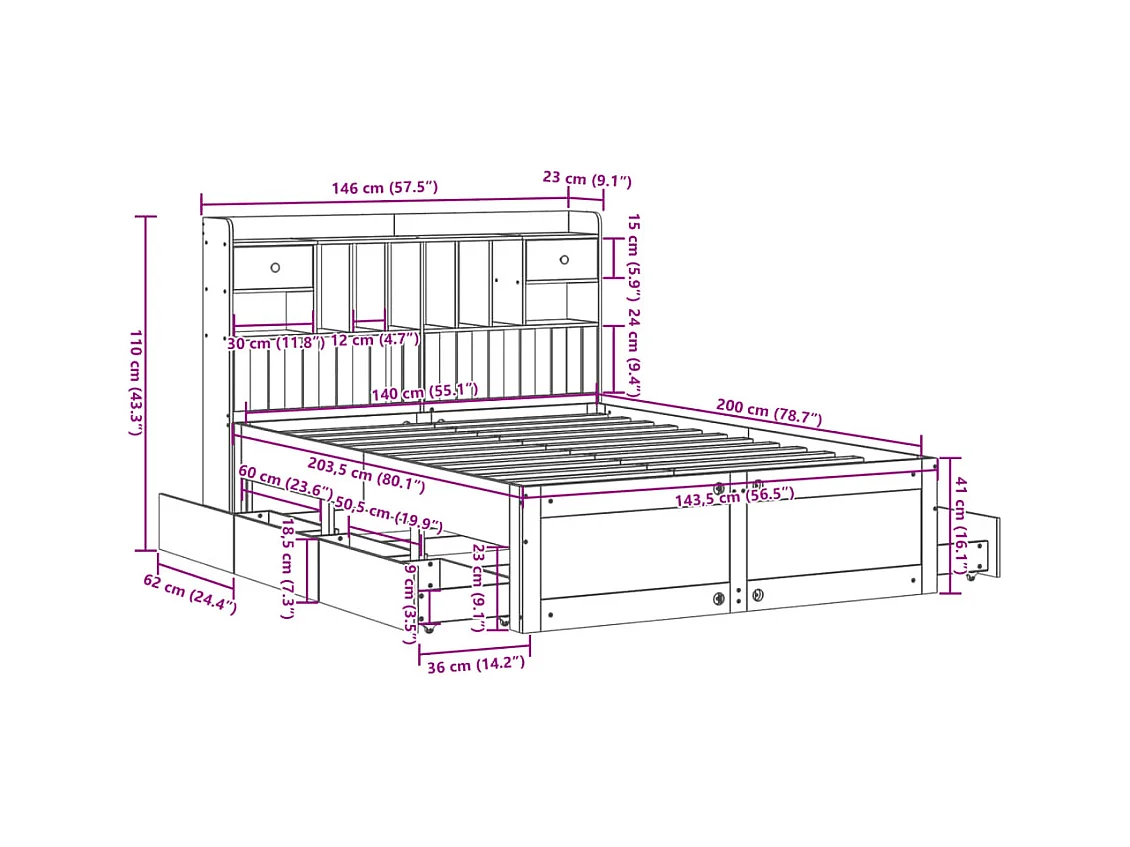 Lit bibliothèque sans matelas cire marron 140x200 cm pin massif