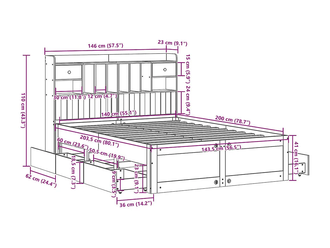 Letto Libreria senza Materasso Marrone Cera 140x200 cm in Pino