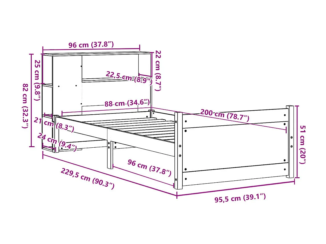 Bed met boekenkast zonder matras massief grenenhout 90x200 cm
