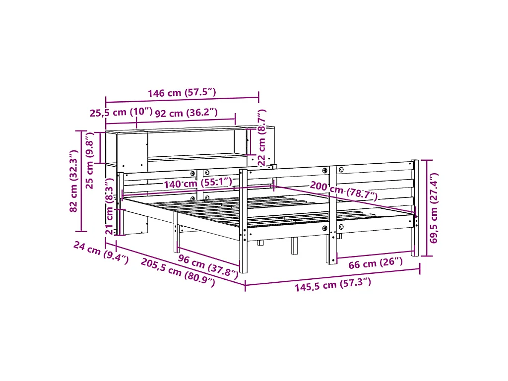 Lit bibliothèque sans matelas blanc 140x200 cm bois pin massif