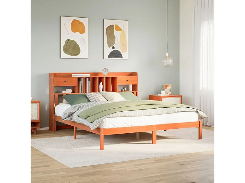 Massivholzbett mit Regal ohne Matratze Wachsbraun 180x200 cm