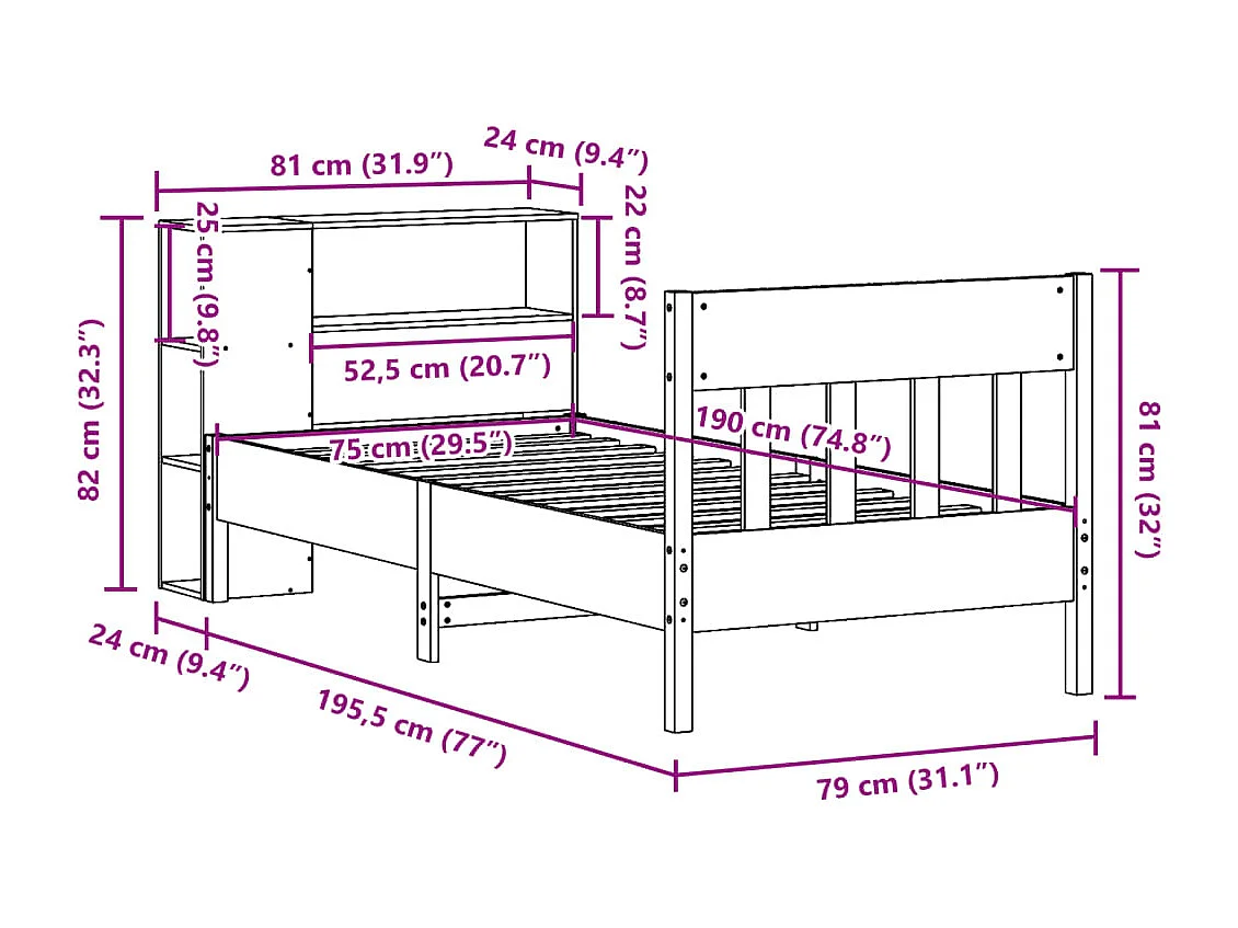 Letto con Libreria senza Materasso 75x190 cm in Legno Pino