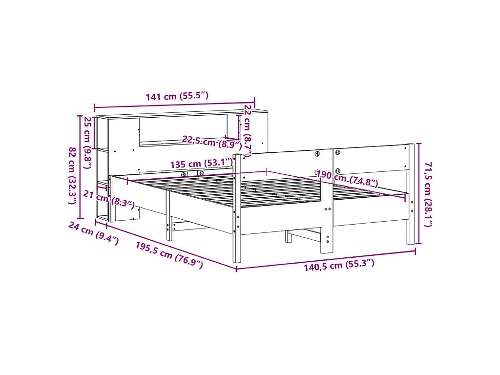 Lit bibliothèque sans matelas blanc 135x190 cm bois pin massif