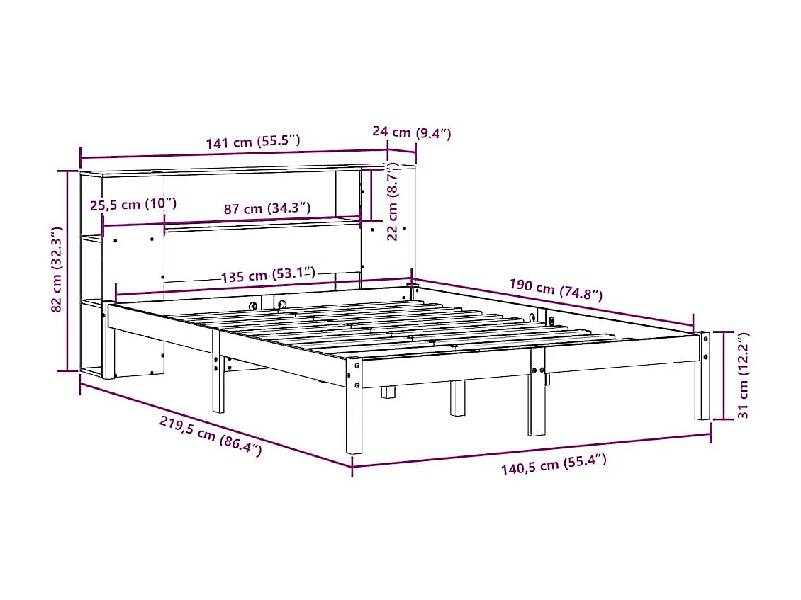 Cama com estante sem colchão 135x190 cm pinho maciço branco