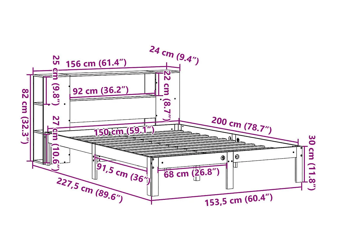 Bed met boekenkast zonder matras massief grenenhout 150x200 cm