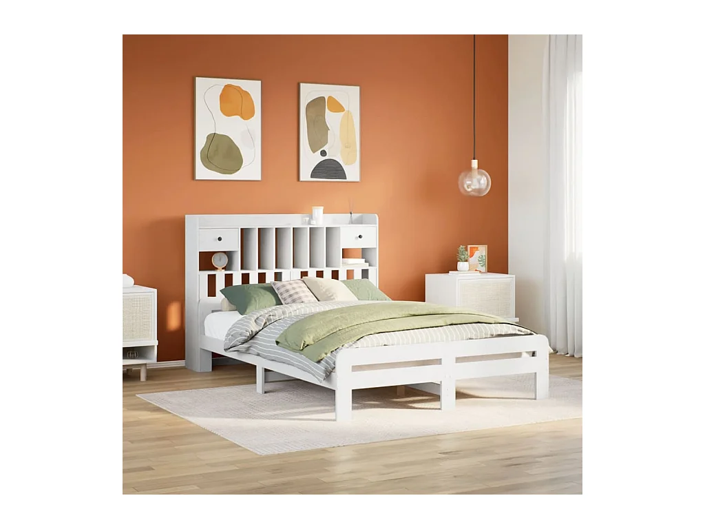 Lit bibliothèque sans matelas blanc 160x200 cm bois pin massif