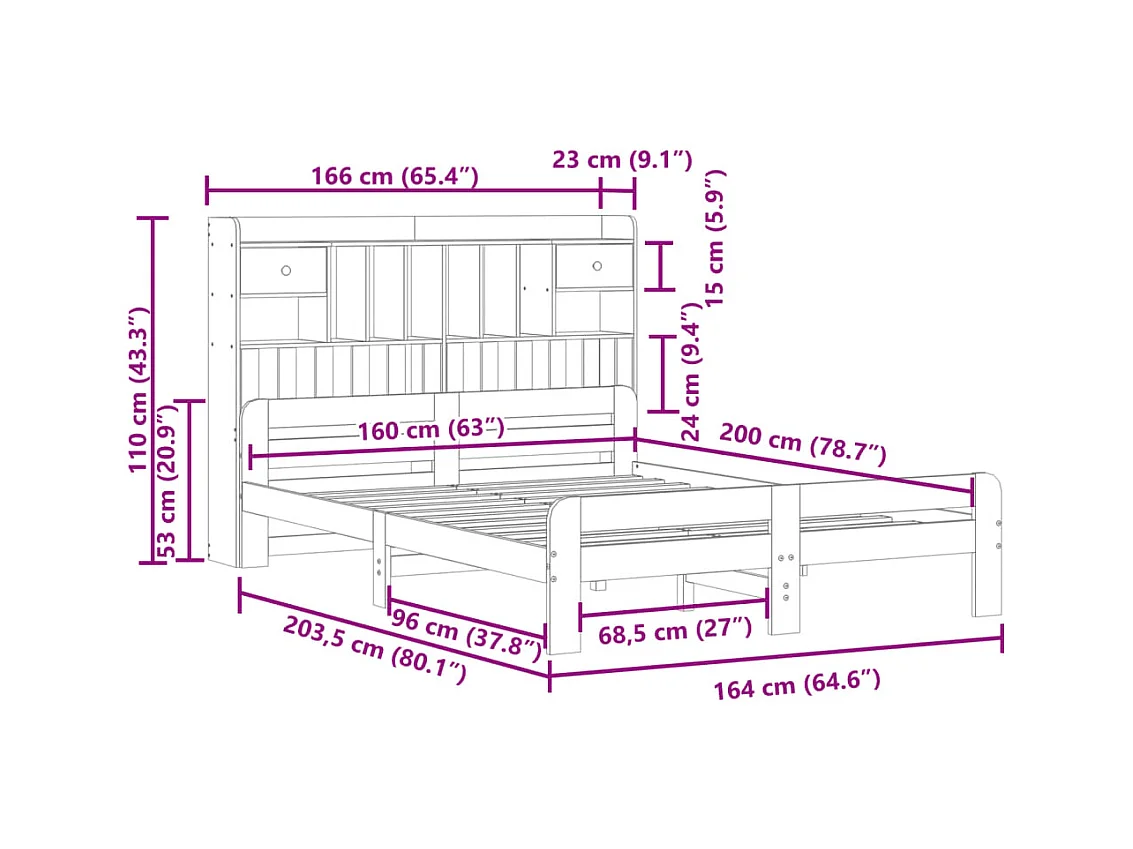 Lit bibliothèque sans matelas blanc 160x200 cm bois pin massif