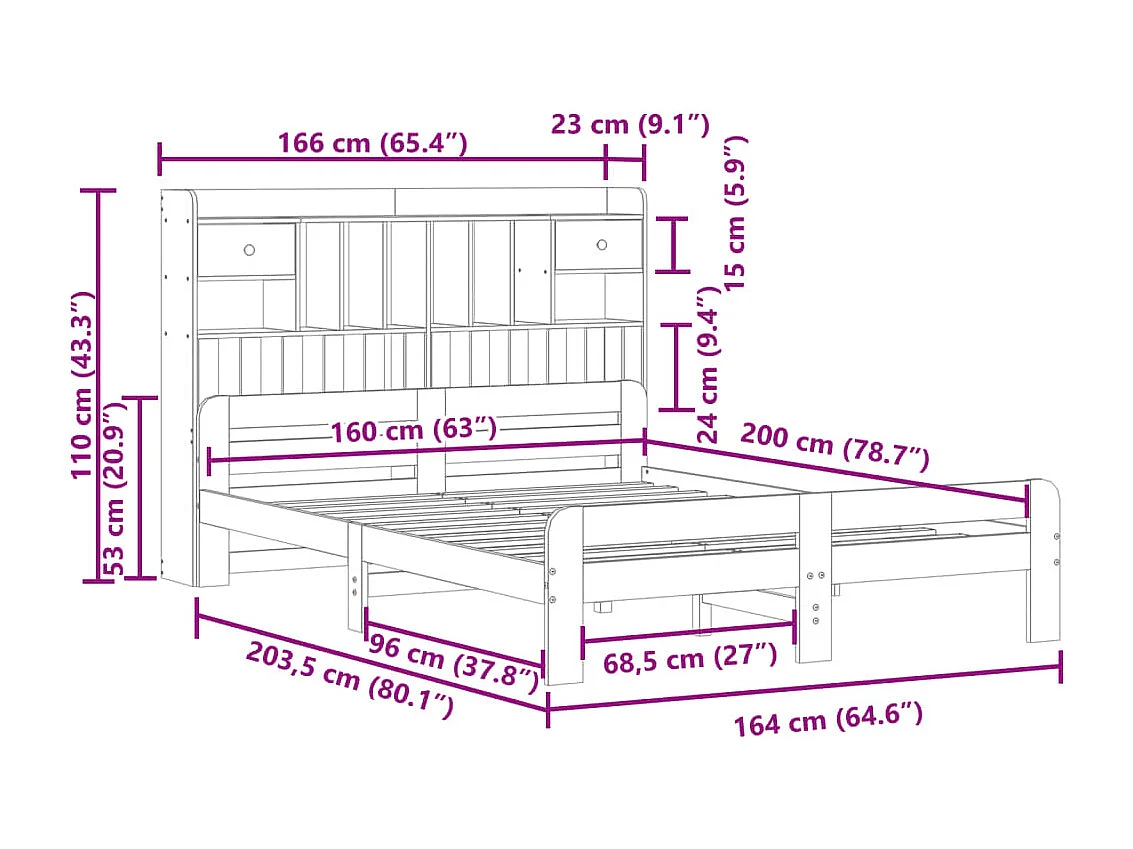 Lit bibliothèque sans matelas blanc 160x200 cm bois pin massif