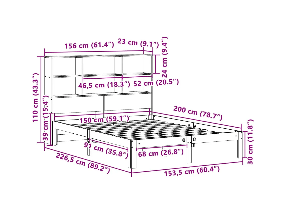 Lit bibliothèque sans matelas 150x200 cm bois massif de pin