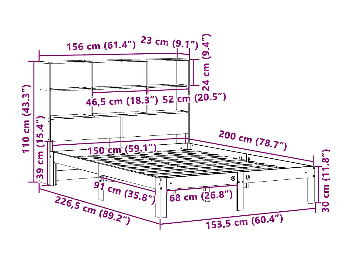 Massivholzbett mit Regal ohne Matratze 150x200 cm Kiefer