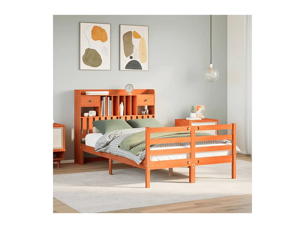 Cama con estantería sin colchón madera maciza marrón 135x190cm