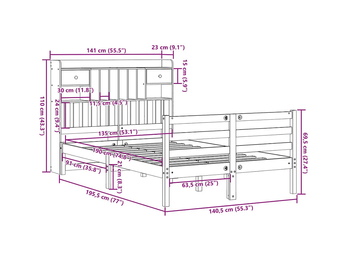 Cama con estantería sin colchón madera maciza marrón 135x190cm