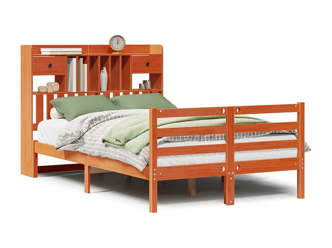 Lit bibliothèque sans matelas cire marron 135x190 cm pin massif