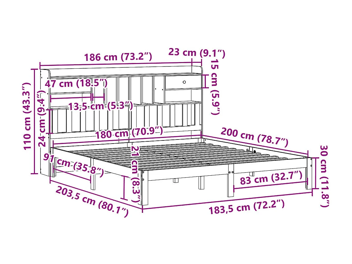 Letto Libreria senza Materasso Marrone Cera 180x200 cm in Pino
