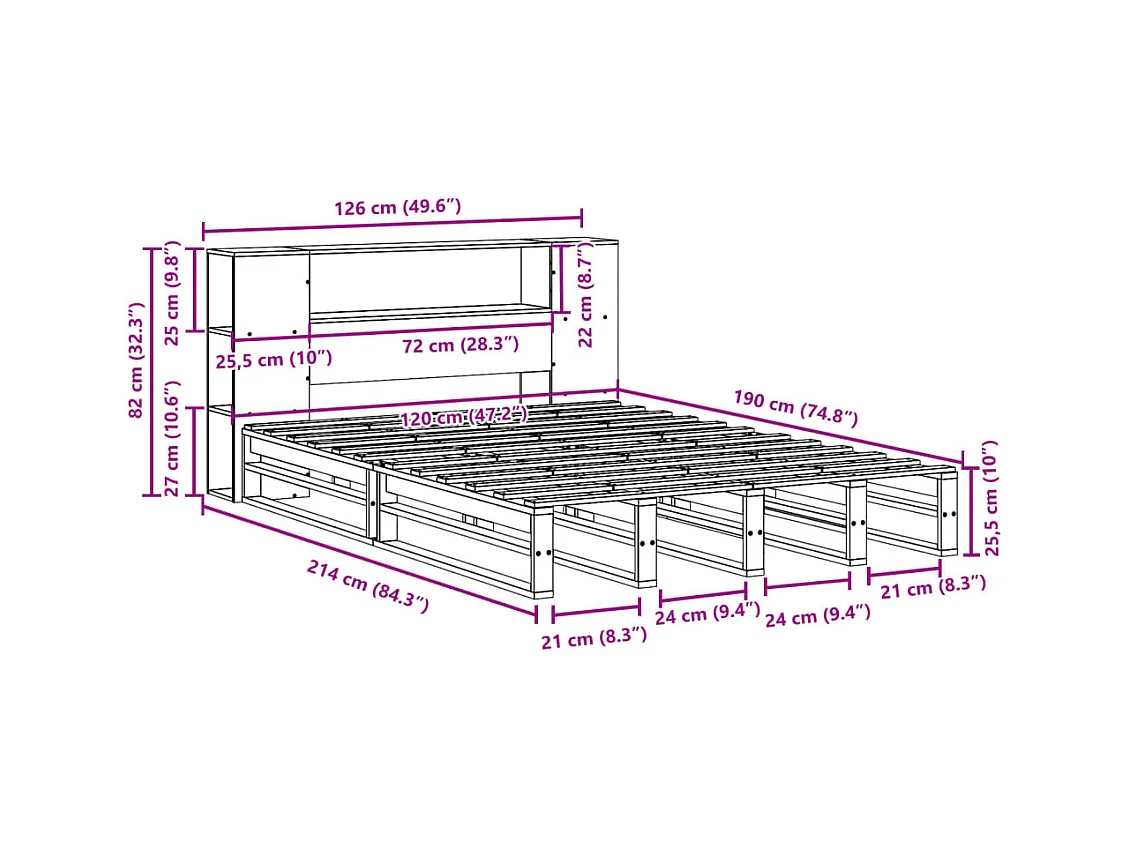 Lit bibliothèque sans matelas 120x190 cm bois massif