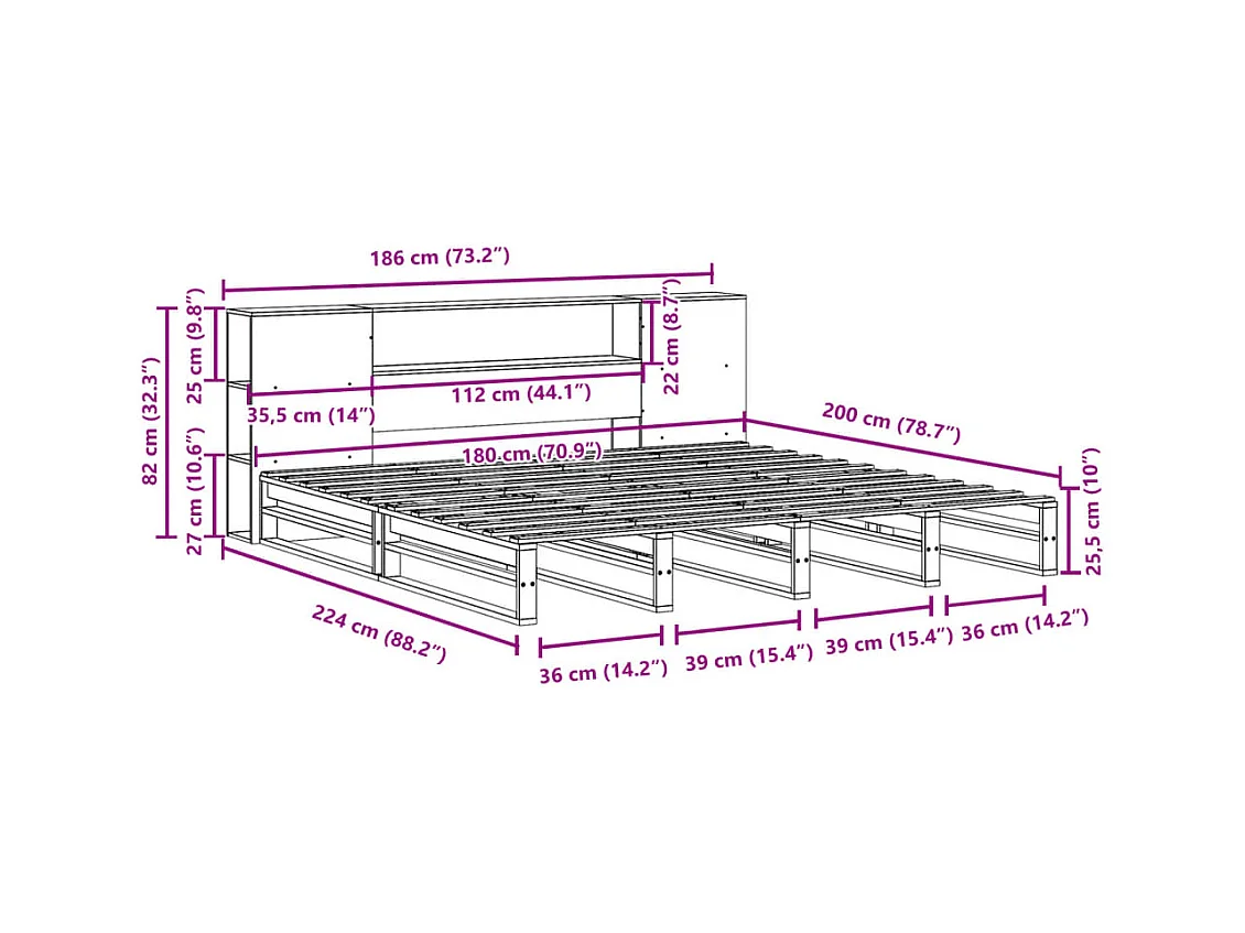 Lit bibliothèque sans matelas 180x200 cm bois massif
