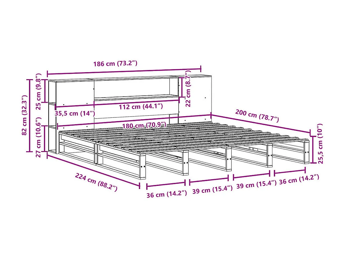 Bed met boekenkast zonder matras massief hout 180x200 cm