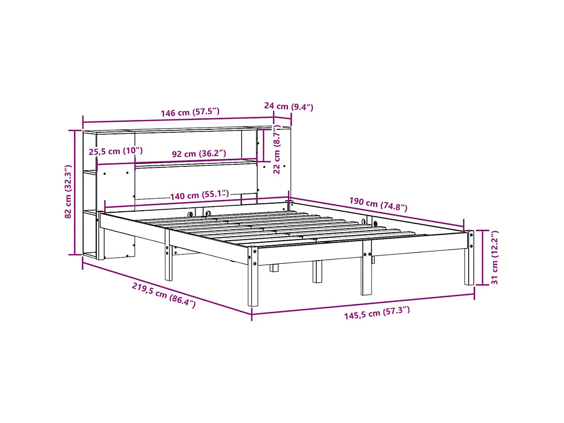 Lit bibliothèque sans matelas cire marron 140x190 cm pin massif