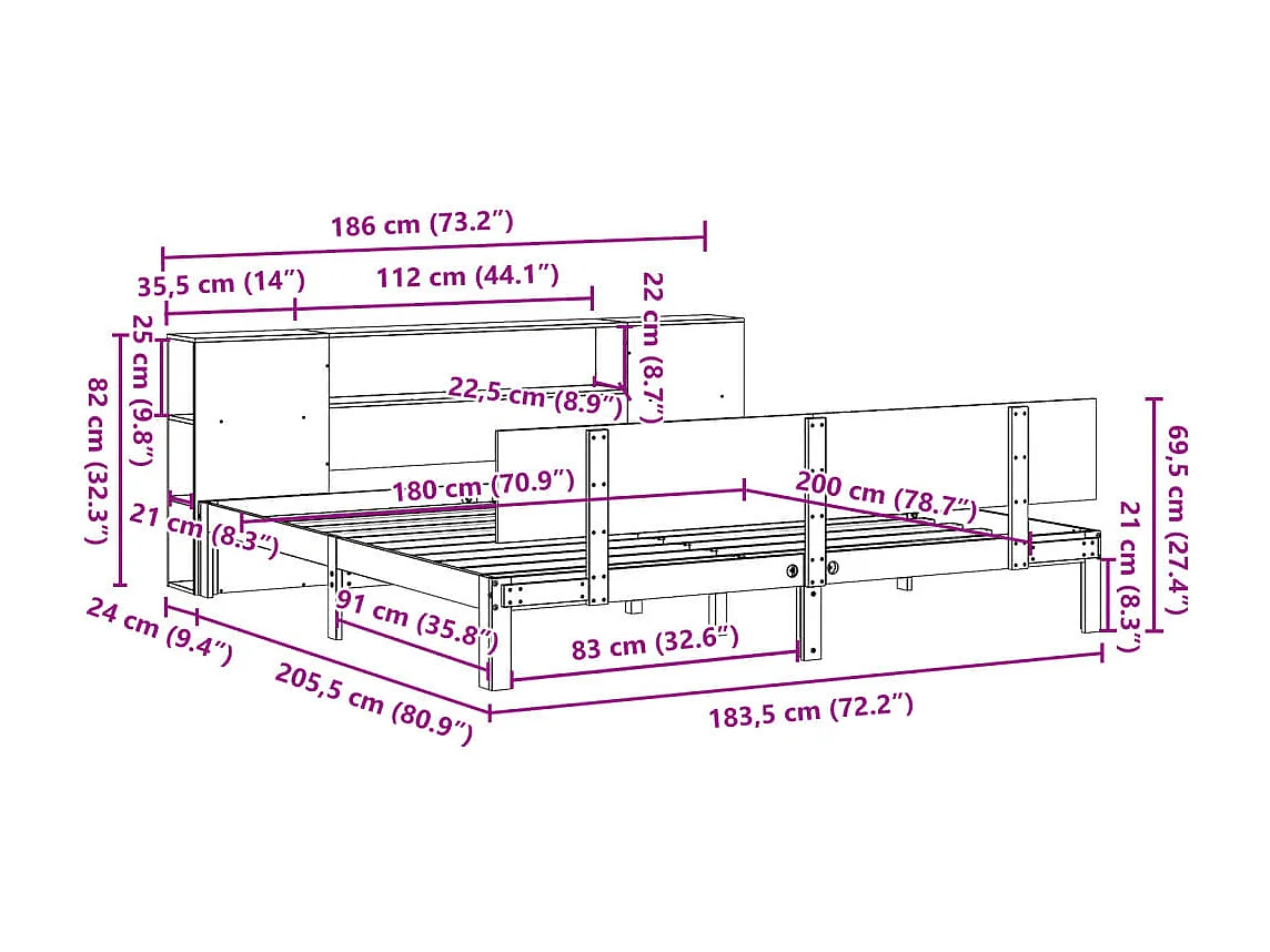 Bed met boekenkast zonder matras massief grenenhout 180x200 cm