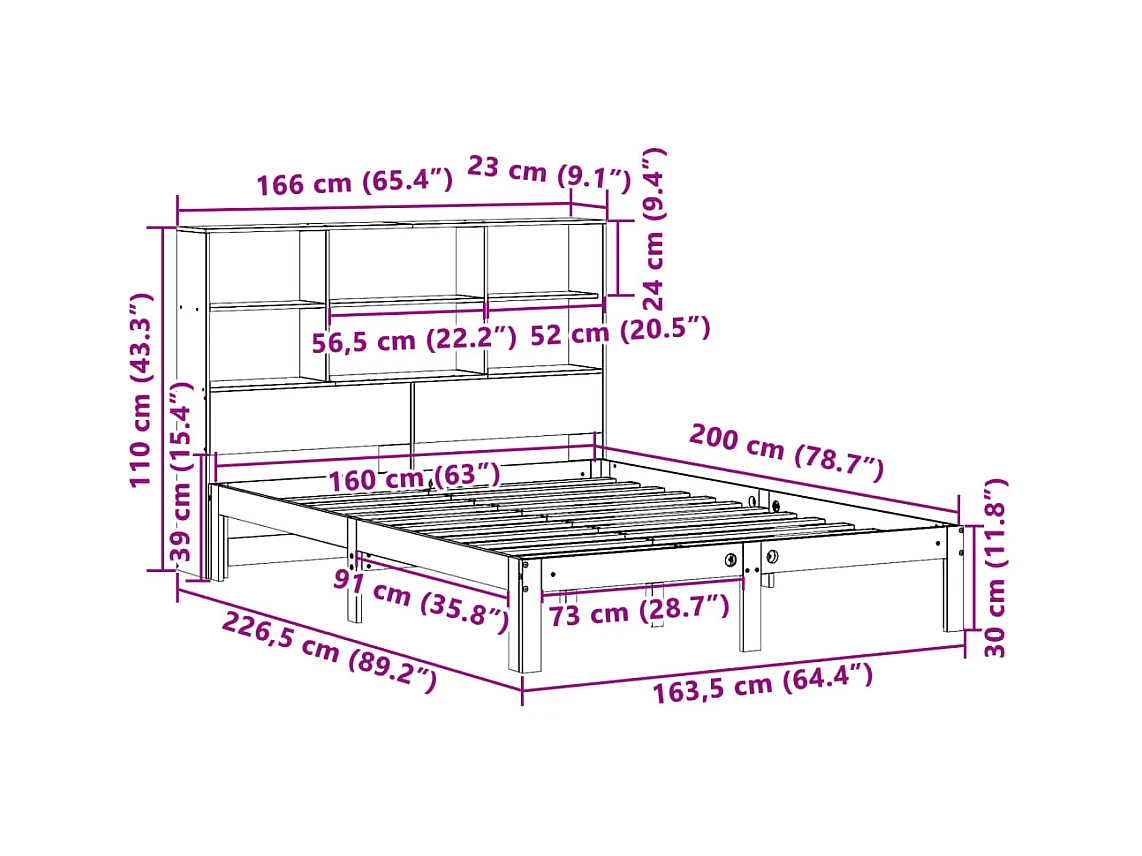 Lit bibliothèque sans matelas 160x200 cm bois massif de pin